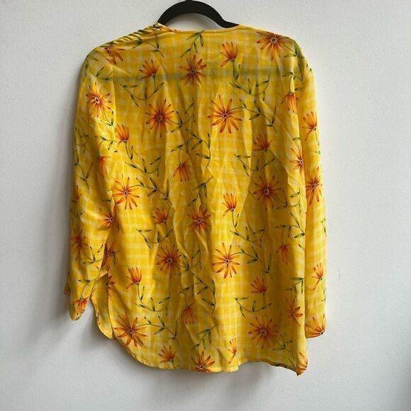 Saks Fifth Avenue Women's 100% Silk Floral Button-Down Long Sleeves Blouse Yello - Picture 2 of 6